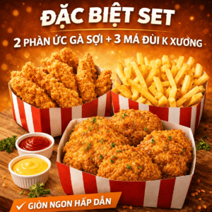 Full house Combo(2 phần ức gà sợi +3 má đùi k xương +khoai+2 nước)